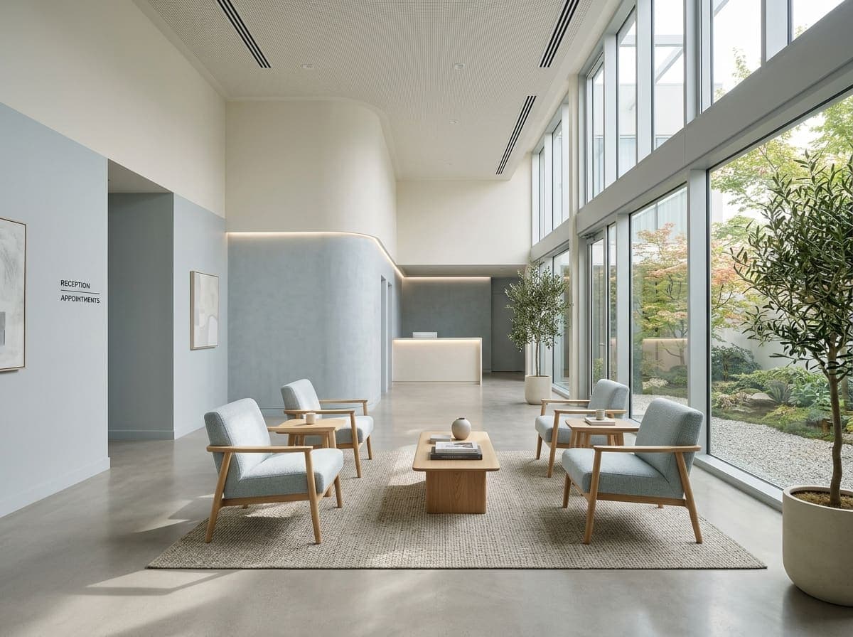 A calm modern clinic waiting area with soft morning light