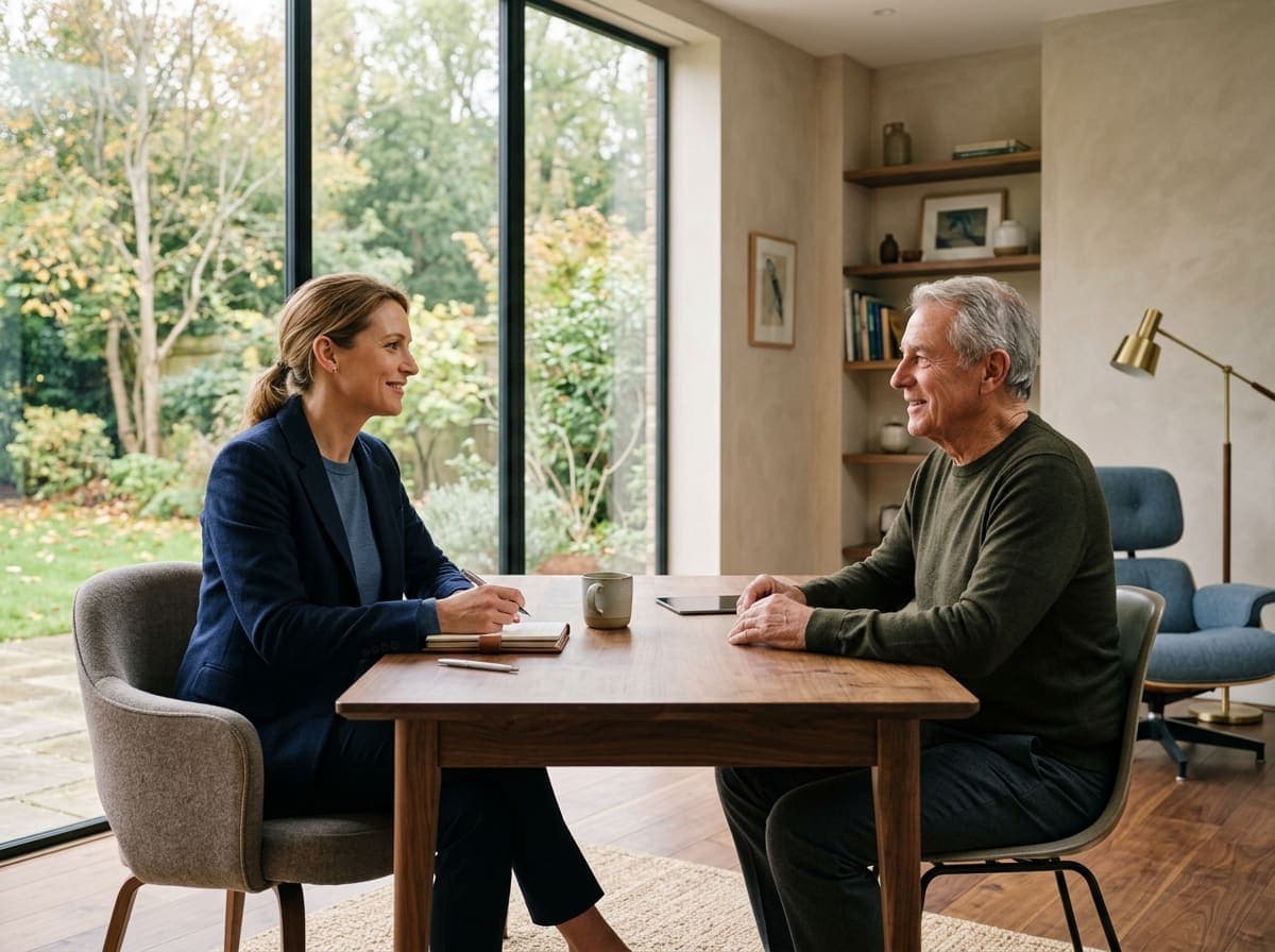 A physician and patient talking at a table in a warm consultation room