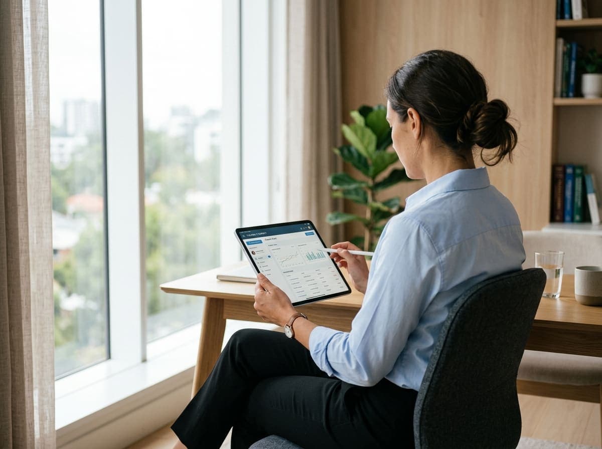 A physician reviewing patient charts on a tablet by a bright window